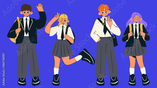 Cheerful school students going to school. Back to school concept. Doodle style school boy and girl. Flat vector illustration.