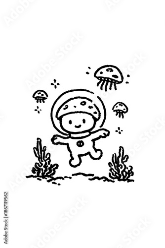 Cute astronaut exploring an underwater world with jellyfish