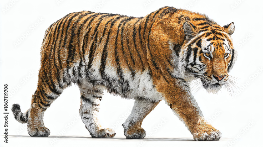 Obraz premium Tiger Striding Forward White Surface Isolated