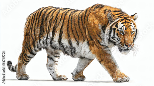 Tiger Striding Forward White Surface Isolated