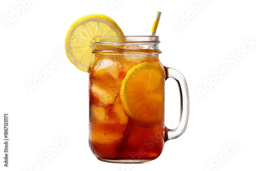 chilled iced tea in mason jar with lemon isolated on transparent background