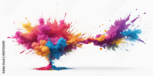 Horizontal Rainbow Powder Trail and Abstract Smoke Cloud Splash on White Background