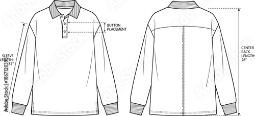 Flat vector illustration, long sleeve polo shirt front and back view, technical fashion sketch, button placket, ribbed collar, cuffs