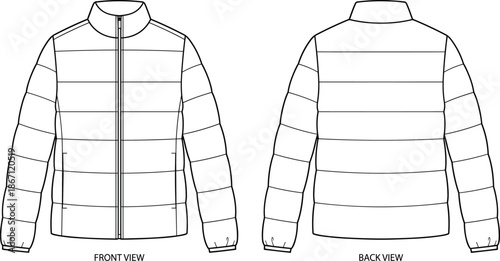 Flat vector illustration, puffer jacket front and back view, technical fashion sketch, quilted design, zipper closure, elastic cuffs