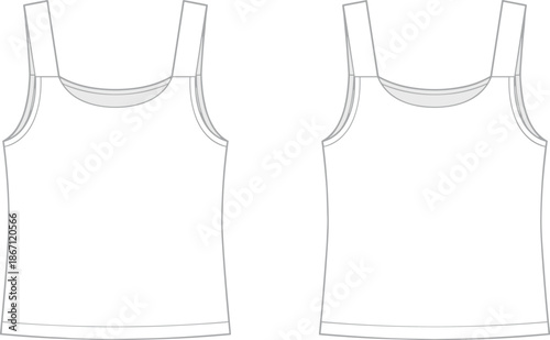 Flat vector illustration, sleeveless tank top front and back view, technical fashion sketch, scoop neck, wide straps, garment design