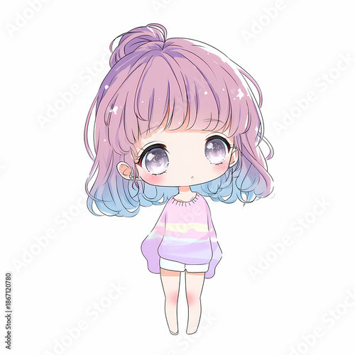 Cute little girl in pink dress cartoon illustration
