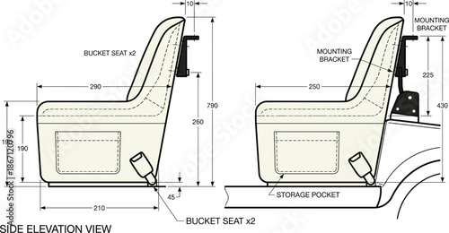 Flat vector illustration, bucket seat side elevation view, technical drawing with dimensions, mounting bracket design, engineering template, product sketch