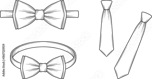 Flat vector illustration, formal neckwear styles sketch, bow tie and necktie variations, technical fashion drawing, fabric folds