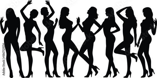 Silhouettes of eight women dancing in various poses with heels on a white background