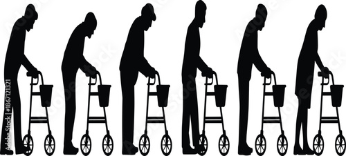 Silhouettes of elderly people walking with walkers in a row