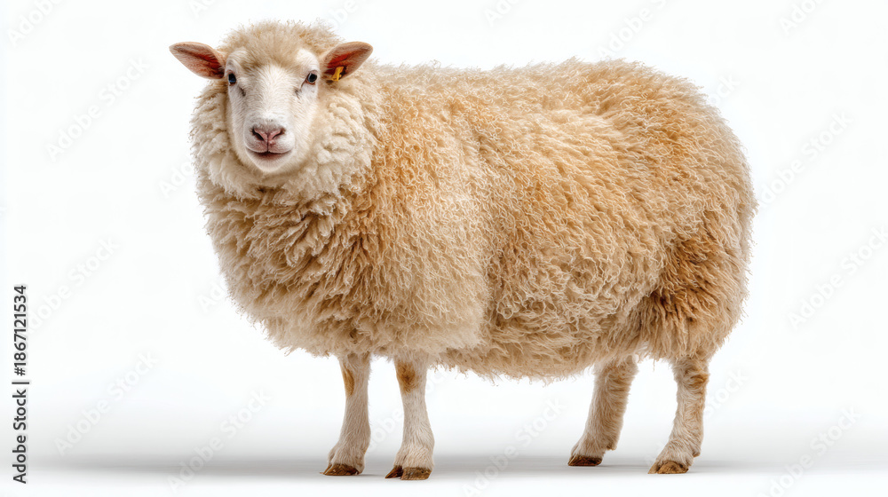 Fototapeta premium Sheep Standing White Background Farm Animal
