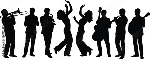Silhouettes of musicians playing instruments and dancers in a lively performance setting