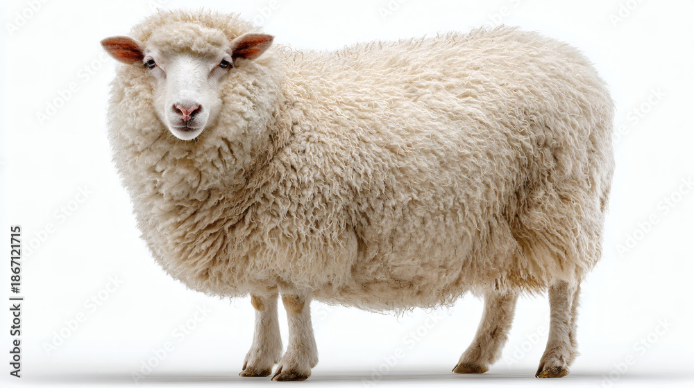 Fototapeta premium Sheep Standing Front View White Background