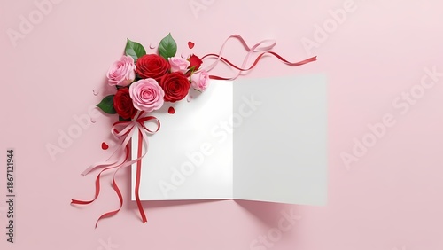 Beautiful roses and blank card on pink background