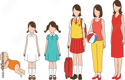 Set of Life Cycle Stages of a Young Girl From Infancy and Childhood to Adulthood for Educational and Growth Design.