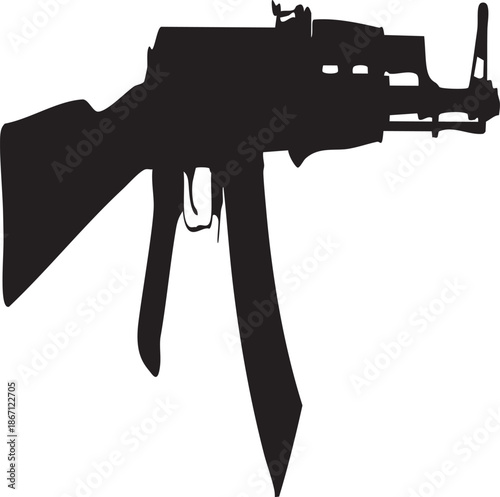Silhouette of a black assault rifle on a white background for design and editorial use with weapon and firearm and tactical and security and defense