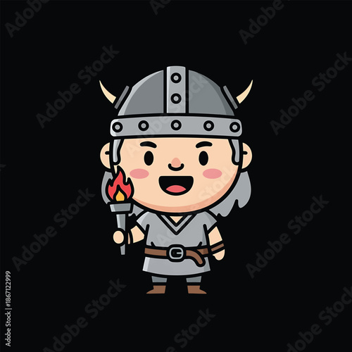 Cute Cartoon Viking Warrior Holding a Flaming Torch.