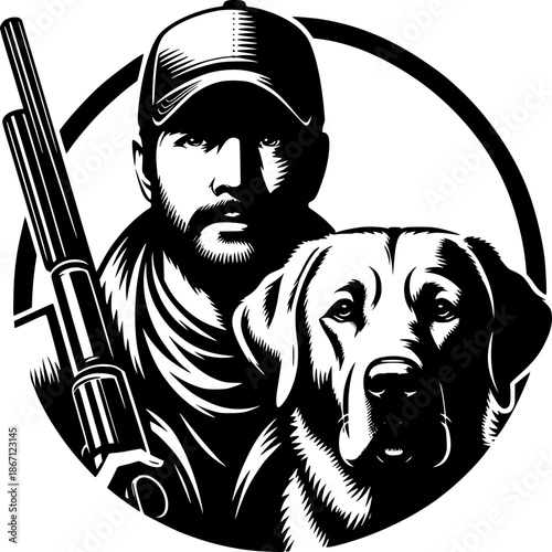 Hunter and Companion: A detailed illustration of a hunter with his loyal canine partner, embodying the essence of hunting and camaraderie, perfectly portraying a blend of man and dog.