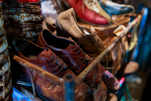 Leather shoes displayed on a street in 1980s Hong Kong.