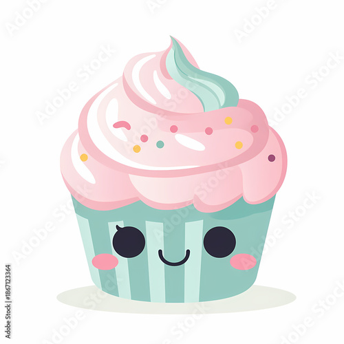 A cute vector illustration of a pink birthday cupcake with a cherry, chocolate cream, and a candle on a sweet pastry for a celebration