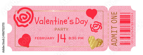 Romantic Valentines Day party ticket illustration with heart shapes, rose icons and soft pink background. Festive love event template for invitation, celebration, concert or romantic occasion design.
