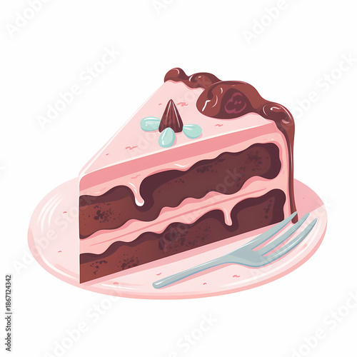 Chocolate cake slice topped with cherries on a dessert plate