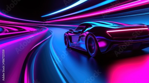 Futuristic sports car speeding through a neon tunnel