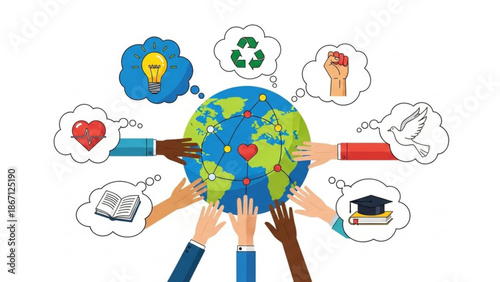 Diverse hands around the globe with thought bubbles representing unity education and environmental conservation with diversity with global unity
