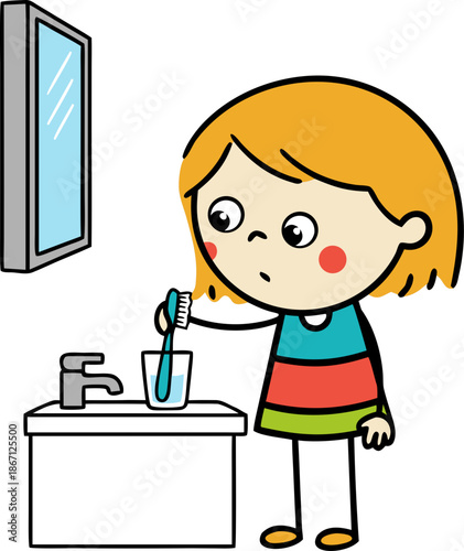 Ginger girl puts toothbrush into glass, kids hygiene rules, vector illustration isolated on transparent background