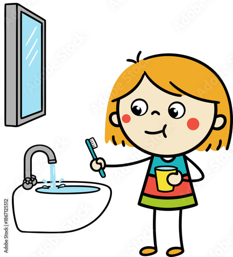 Ginger girl cleans toothbrush, kids hygiene rules, vector illustration isolated on transparent background