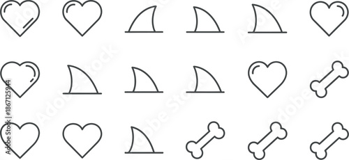 Collection of simple line icons featuring hearts, shark fins and bones