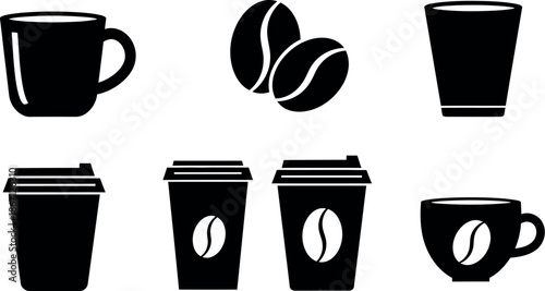 Coffee cups and beans silhouette set
