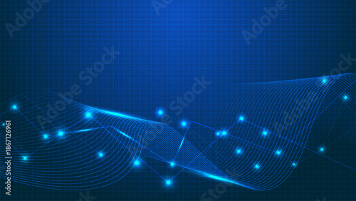 Abstract blue technology background with glowing digital wave lines, connecting network dots, and grid pattern for cyber security concept, big data infrastructure, and futuristic presentation design