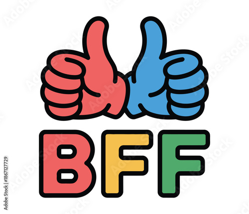 A colorful graphic illustration of thumbs up and BFF text on a white background