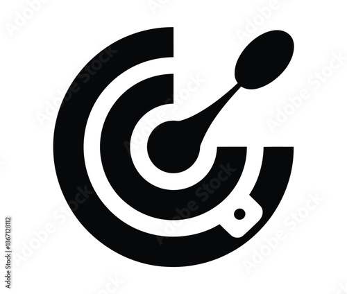 A black and white logo of a dartboard with a dart in the target area on a plain background