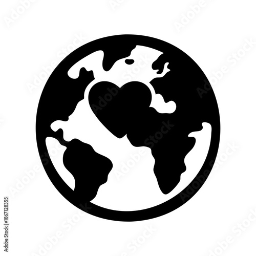 Monochrome Earth globe with heart symbol, representing love and global awareness