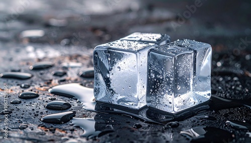 Melting Ice Cubes on Dark Stone Surface