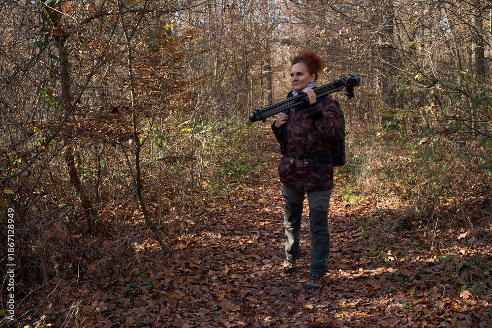 Naklejka premium Nature photographer hiking in forest
