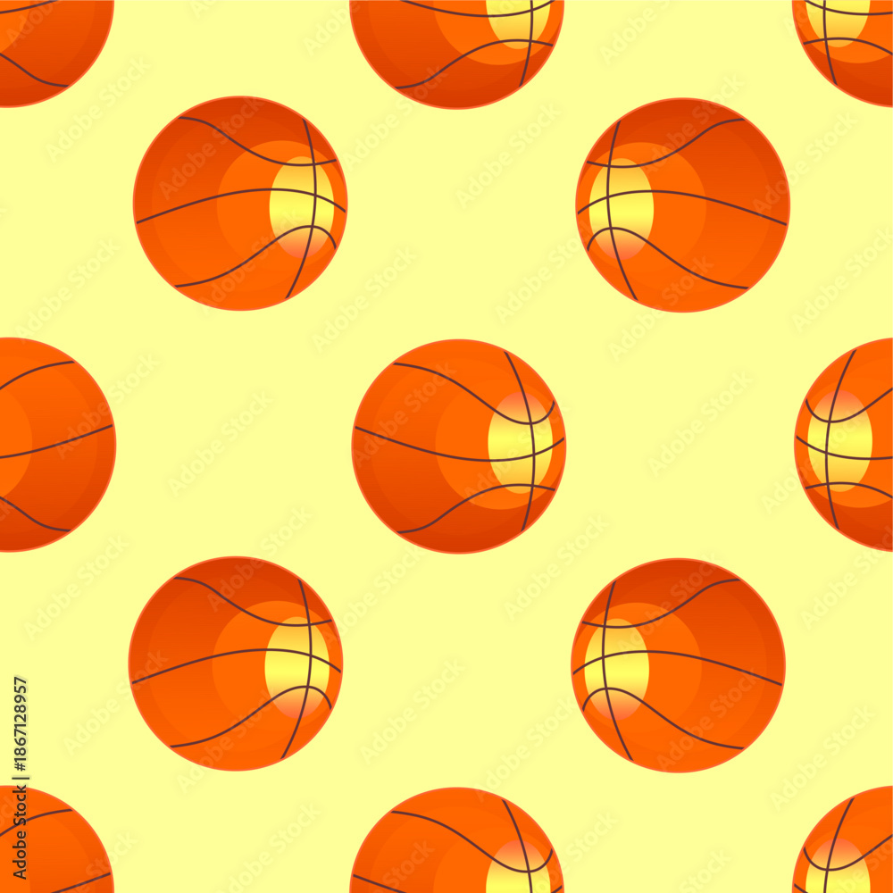 Obraz premium Colorful basketball pattern on yellow background. Seamless pattern of basketball. Bright basketball seamless pattern. Fun and vibrant basketball pattern for kids.