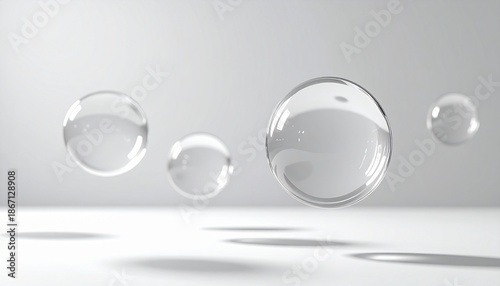 Transparent glass bubbles floating in air on a white surface with soft shadows and subtle reflections