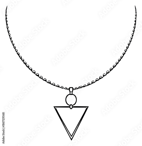 Hand drawn line art illustration of a necklace depicting a triangular pendant for fashion and accessories
