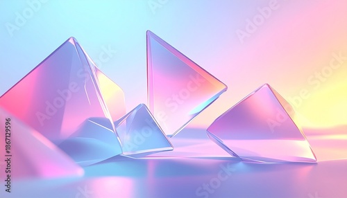 Abstract translucent shapes floating on a soft blurred gradient background in a serene environment