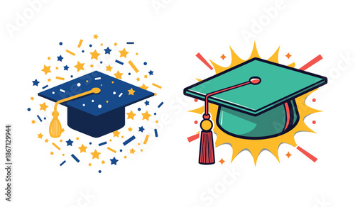 Celebrating academic success a vibrant illustration featuring graduation caps and colorful confetti bursts symbolizing achievements and completion high quality professional detailed modern