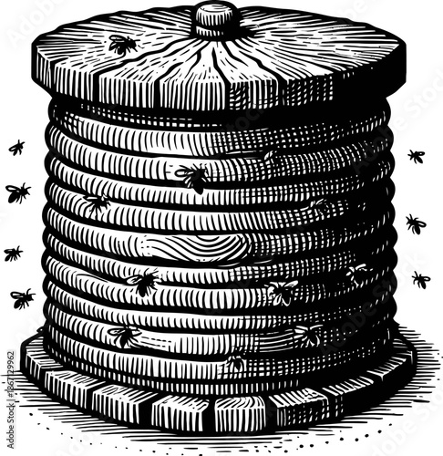 Antique Wooden Beehive With Bees And Honeycomb Engraving Style Illustration