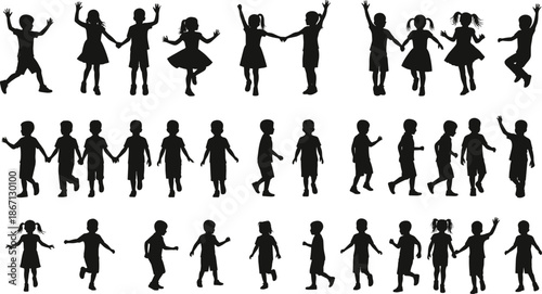 Children silhouette collection featuring boys and girls walking, running, dancing, holding hands, playful active kid poses, vector illustration set