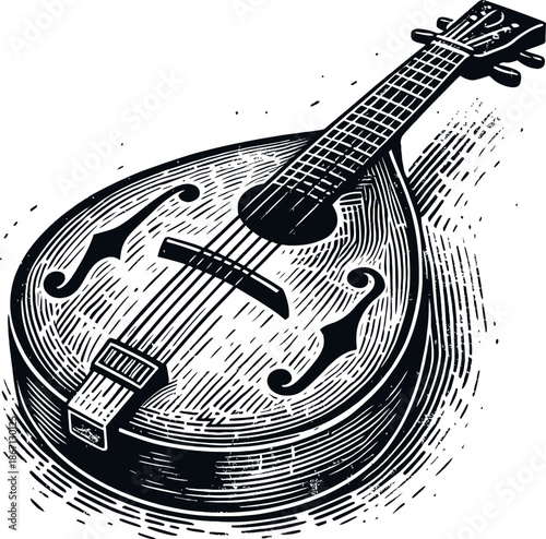 Black And White Engraving Of A Mandolin Stringed Musical Instrument With Detailed Wood Grain Texture