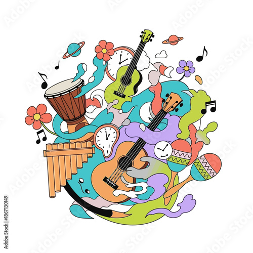 Vibrant Musical Instrument Doodle with Guitars Drums Maracas and Xylophone.