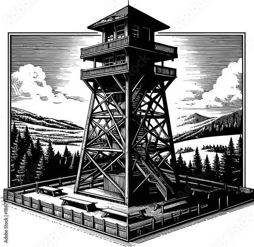 Black And White Illustration Of A Historic Fire Lookout Tower Surrounded By Trees And Mountains
