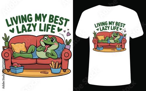 Lazy frog relaxing on couch eating french fries and snacks living best lazy life vector illustration