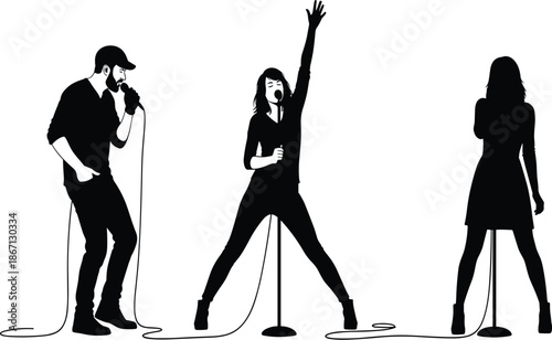 The image is a black and white illustration depicting three figures, presumably singers, against a stark white background.